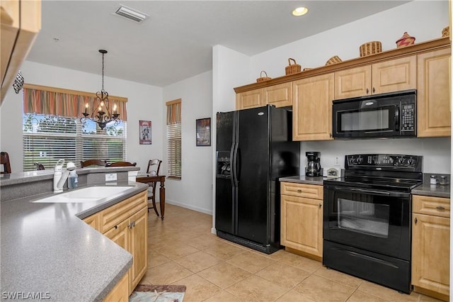 kitchen featuring sink, a chandelier, light tile patterned floors, black appliances, and light brown cabinets