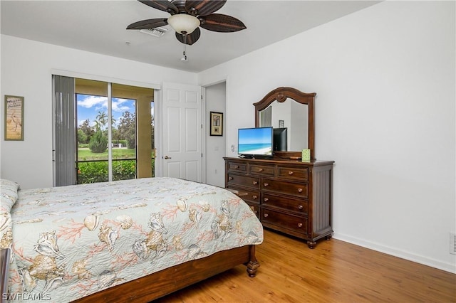 bedroom with access to exterior, ceiling fan, and light wood-type flooring