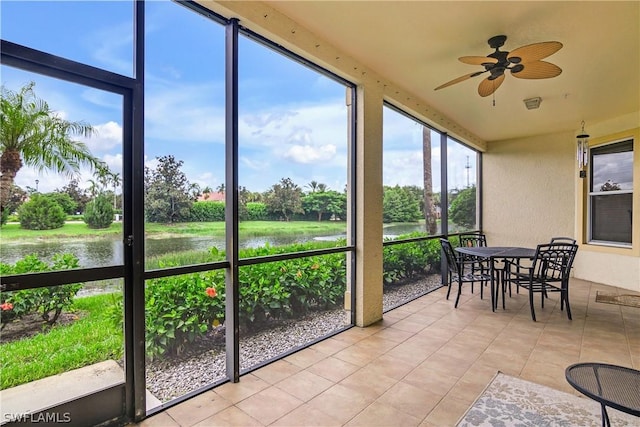 sunroom / solarium featuring ceiling fan and a water view