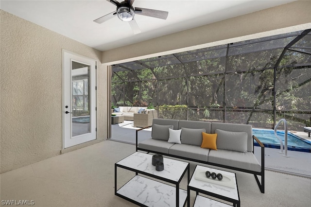 view of patio / terrace with an outdoor living space and a lanai