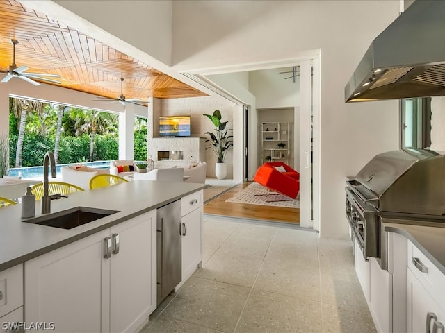 kitchen featuring sink, exhaust hood, white cabinets, and wood ceiling