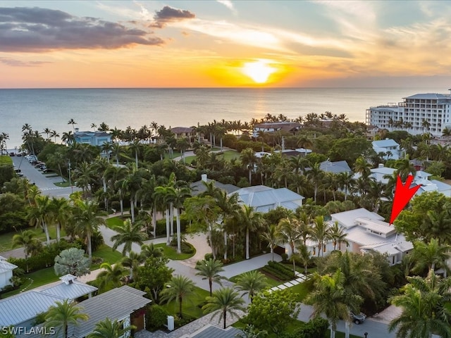 aerial view at dusk featuring a water view