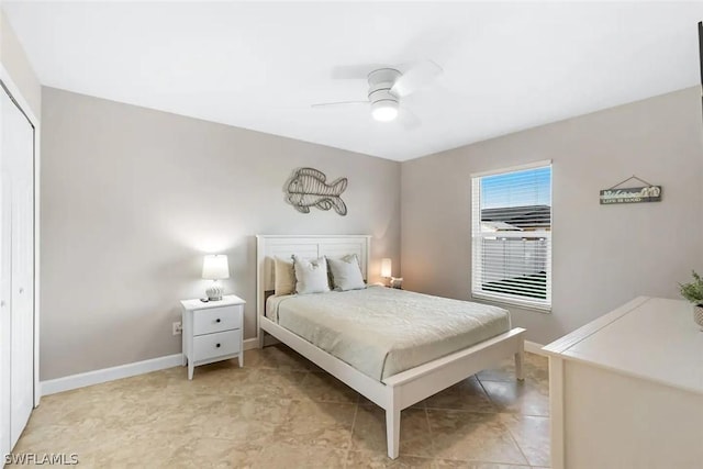 bedroom featuring ceiling fan and a closet