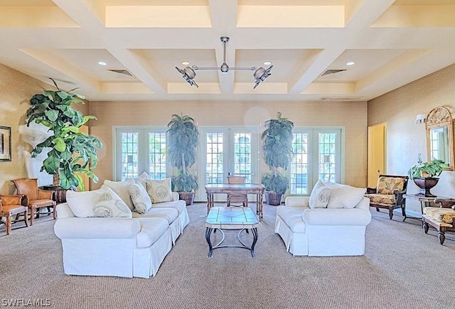 4122 Residence Dr Unit 102, Fort Myers, FL 33901 - living area featuring coffered ceiling, a chandelier, carpet floors, french doors, and beam ceiling