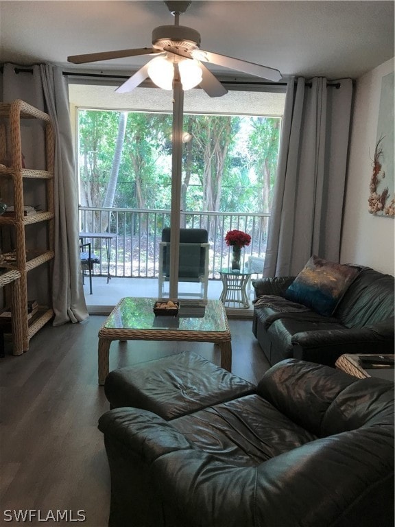 living room featuring ceiling fan and hardwood / wood-style floors