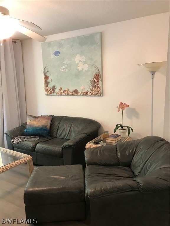 living room with hardwood / wood-style flooring and ceiling fan