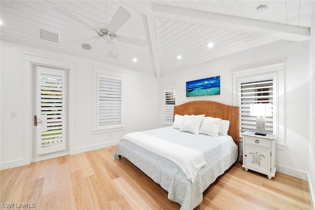 bedroom with light wood-type flooring, wooden ceiling, vaulted ceiling with beams, and ceiling fan