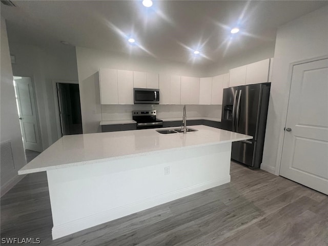 kitchen with white cabinets, an island with sink, stainless steel appliances, and sink