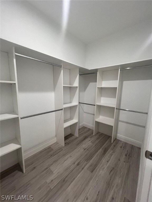 spacious closet featuring dark hardwood / wood-style floors