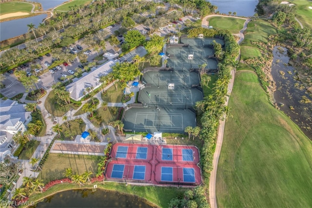 aerial view featuring a water view