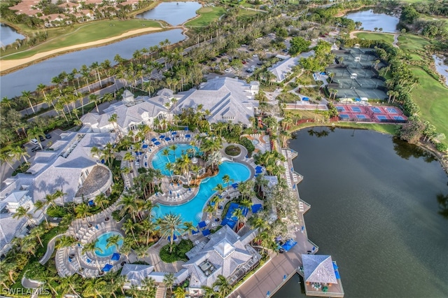 aerial view featuring a water view