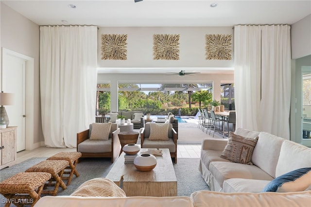 living room with ceiling fan