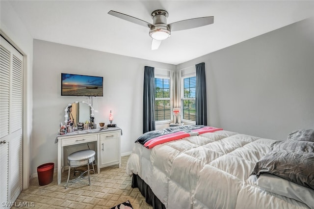 bedroom with ceiling fan and a closet