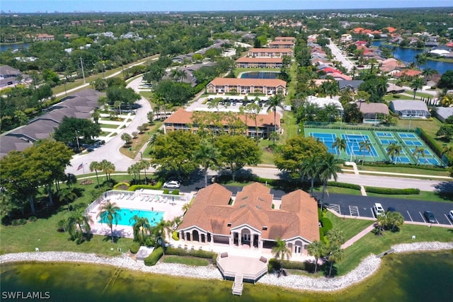 aerial view featuring a water view