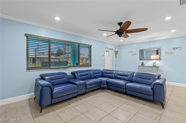 living room with ceiling fan, light tile patterned floors, and crown molding