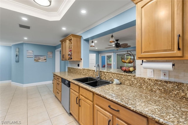 kitchen featuring dishwasher, ceiling fan, ornamental molding, and sink