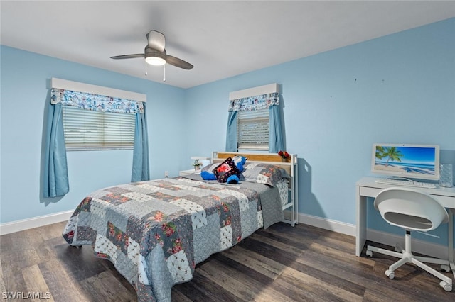 bedroom featuring ceiling fan and dark wood-type flooring