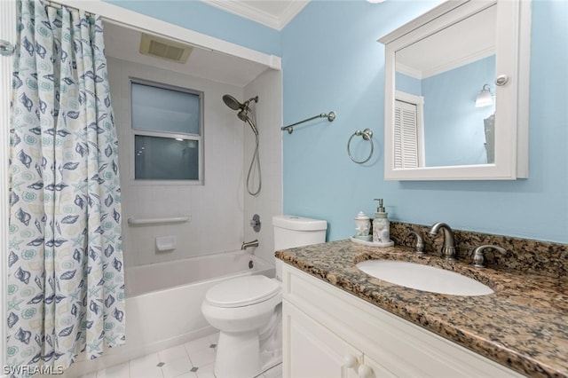 full bathroom featuring shower / bath combination with curtain, tile patterned floors, ornamental molding, vanity, and toilet