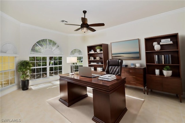 office with light tile patterned floors, ceiling fan, and crown molding