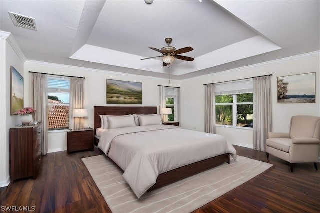 bedroom featuring multiple windows, dark hardwood / wood-style flooring, a tray ceiling, and ceiling fan