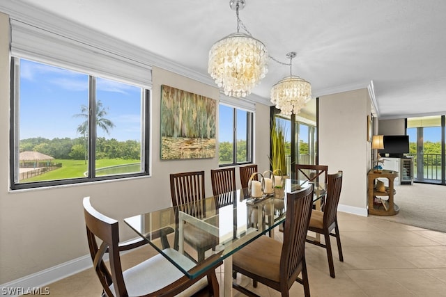 tiled dining area featuring a chandelier and ornamental molding