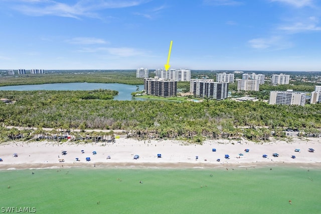 aerial view with a view of the beach and a water view