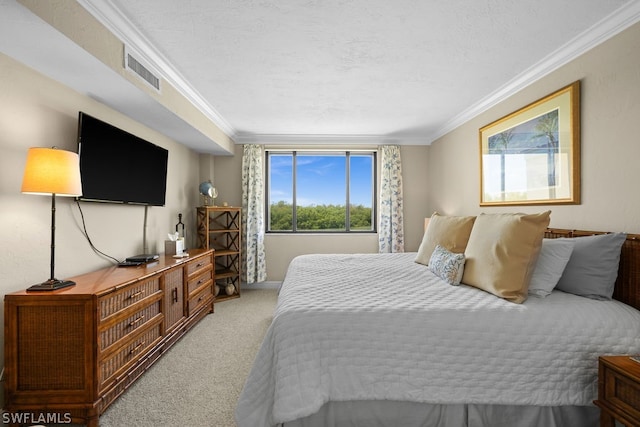 carpeted bedroom featuring ornamental molding