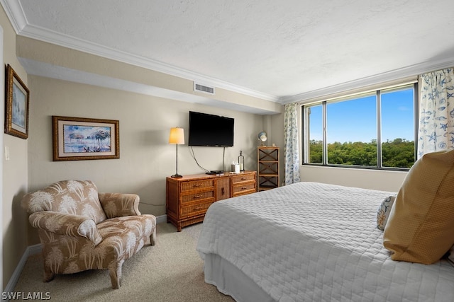 bedroom featuring light carpet and ornamental molding