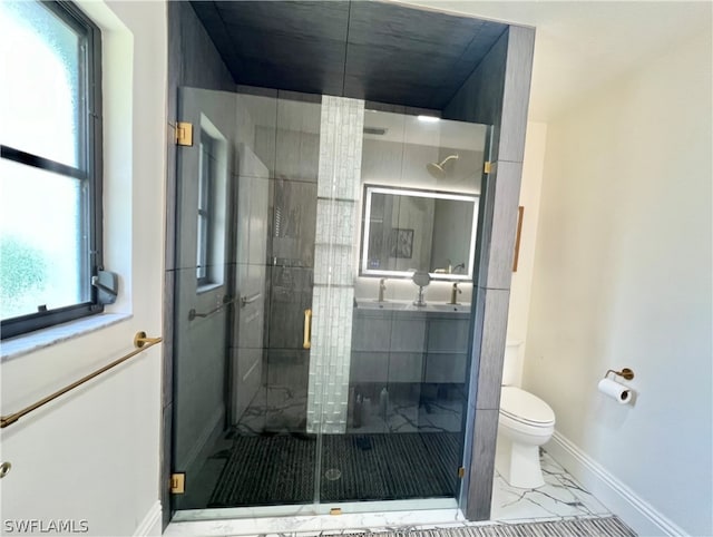 bathroom featuring tile flooring, walk in shower, and toilet