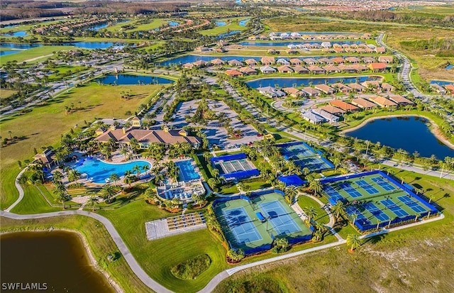 aerial view featuring a residential view and a water view