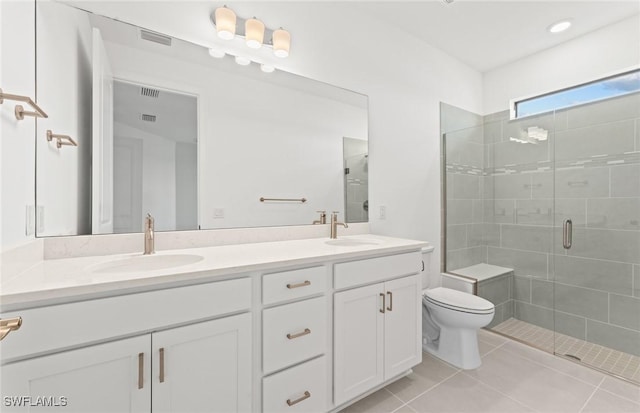 bathroom featuring a shower stall, toilet, visible vents, and a sink