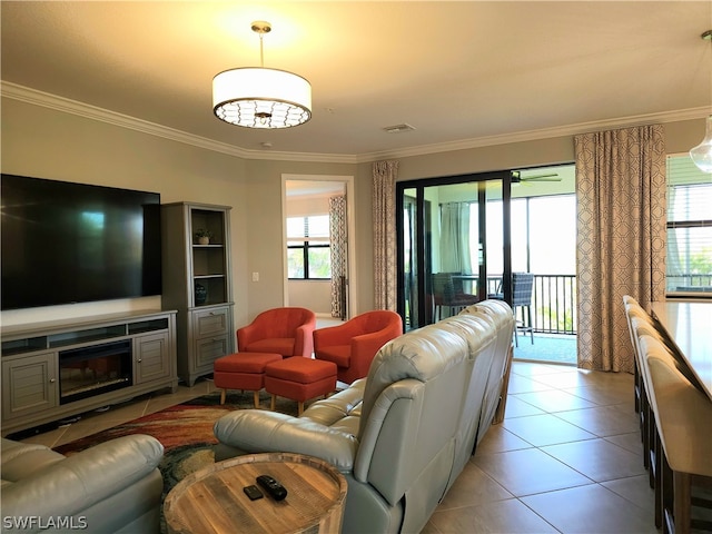 tiled living room with crown molding