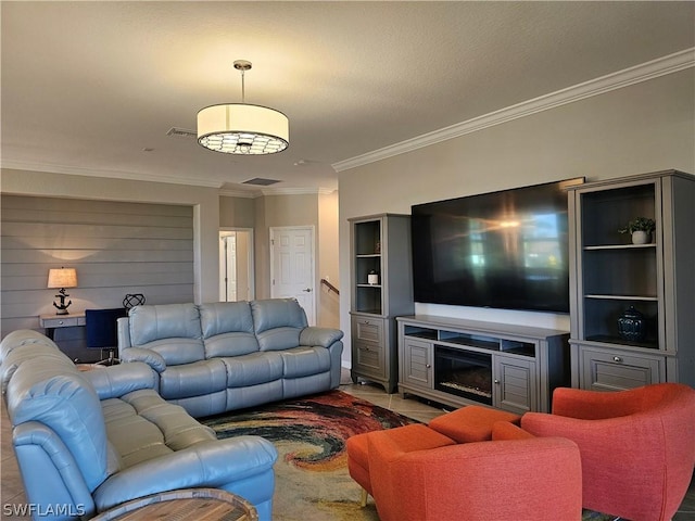 living room featuring a fireplace, light tile patterned floors, and ornamental molding