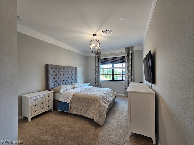 carpeted bedroom with crown molding and an inviting chandelier