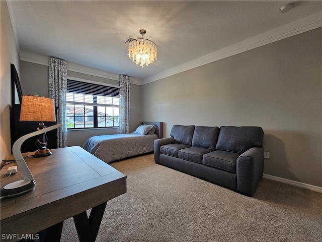 bedroom featuring a notable chandelier, carpet floors, and crown molding