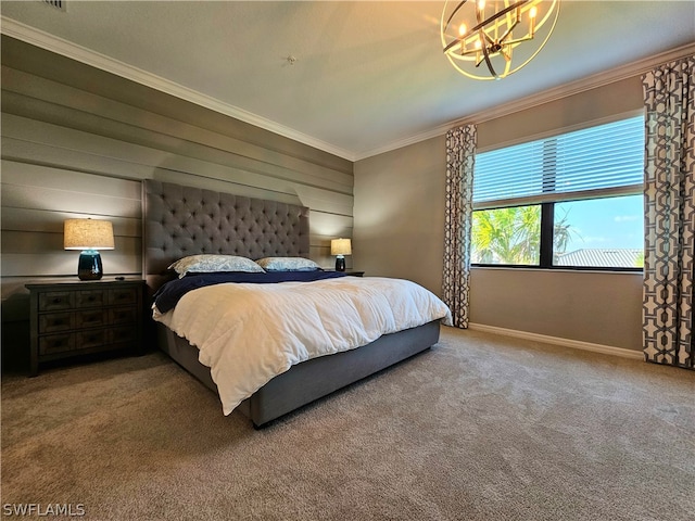 bedroom featuring a notable chandelier, carpet floors, and ornamental molding