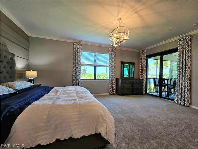 carpeted bedroom with a notable chandelier, access to exterior, and crown molding