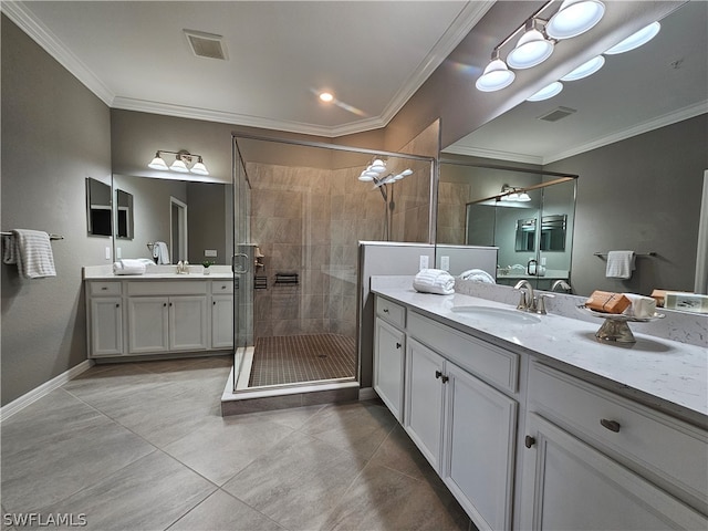 bathroom featuring vanity, tile patterned floors, walk in shower, and ornamental molding