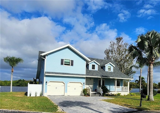 view of front of house with covered porch, a garage, and a front yard