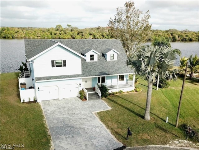 new england style home with a water view, covered porch, a front yard, and a garage