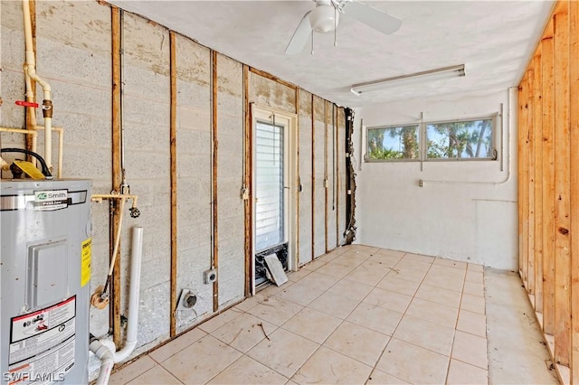 interior space featuring water heater and ceiling fan