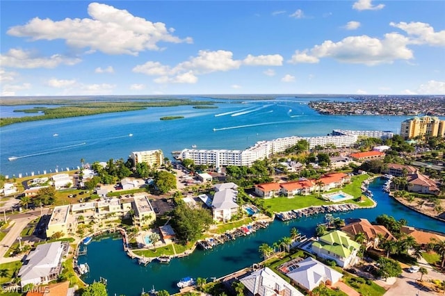 birds eye view of property featuring a water view