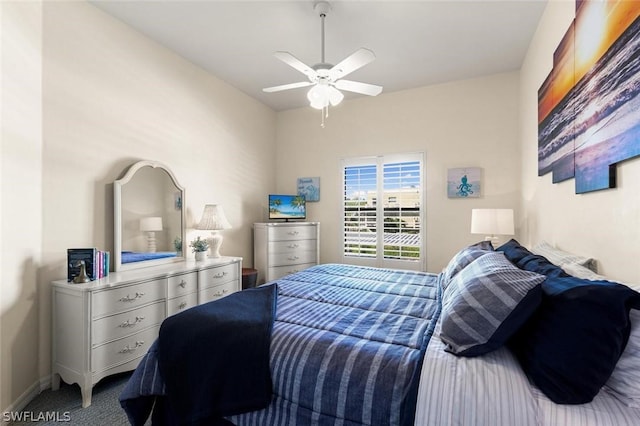 carpeted bedroom featuring ceiling fan