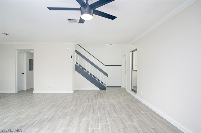 unfurnished living room with ceiling fan, ornamental molding, and light wood-type flooring