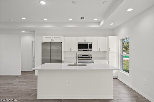 kitchen with a center island with sink, a tray ceiling, white cabinetry, appliances with stainless steel finishes, and sink