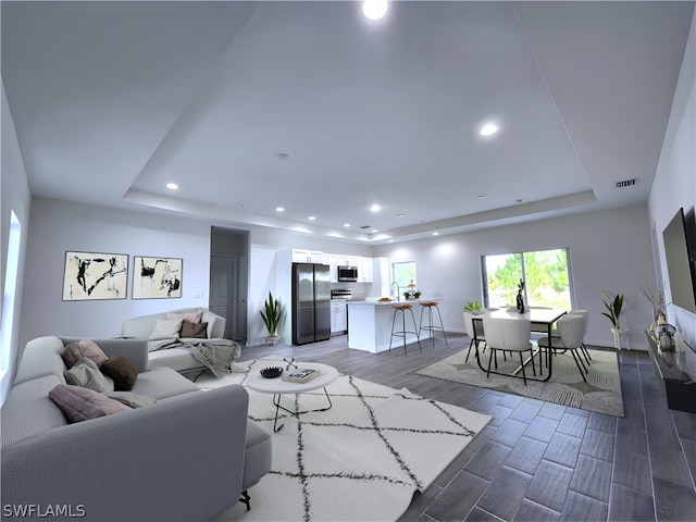 living room featuring a tray ceiling, sink, and wood-type flooring