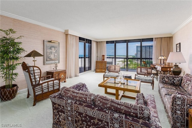 living room featuring carpet, floor to ceiling windows, crown molding, and a textured ceiling