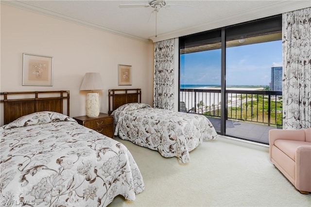 carpeted bedroom with floor to ceiling windows, access to outside, a water view, crown molding, and ceiling fan