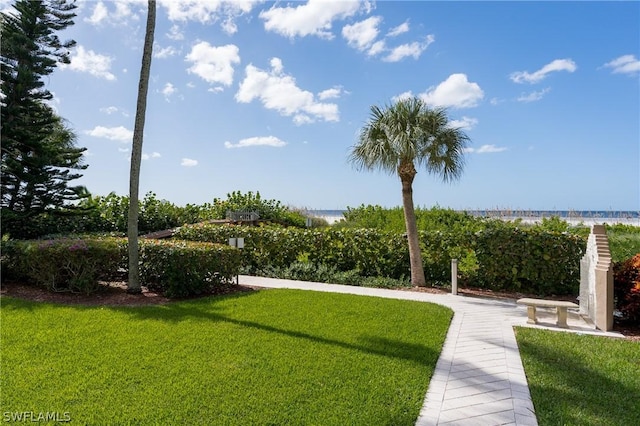 view of community with a water view and a lawn