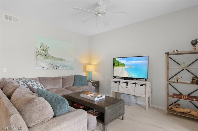 living room with ceiling fan